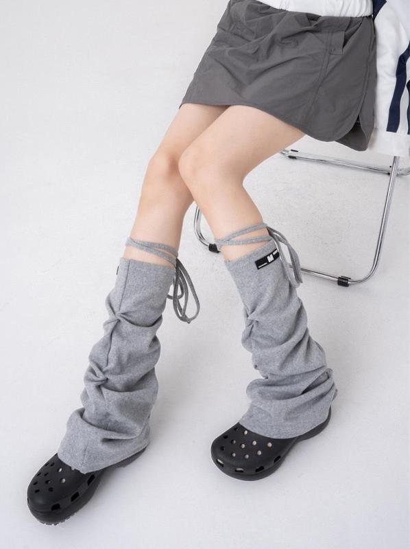 レッグウォーマー ドローストリング ひも ストラップ くしゅくしゅ Y2K 美脚 脚長 無地 韓国 秋冬 マイクロフレア 体型カバー