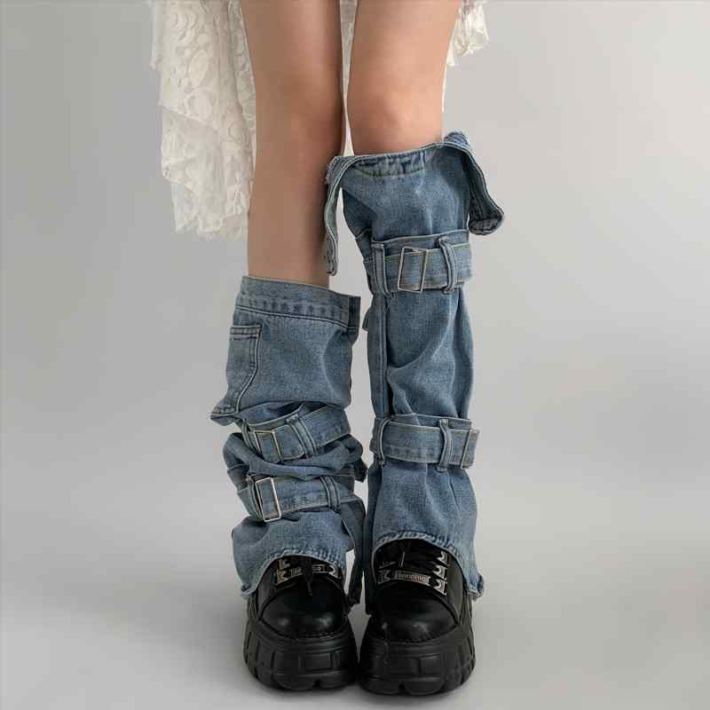 レッグウォーマー レディース おしゃれ カジュアル 細見え 防寒 デニム風 ブルー y2k 春秋 小腿 ストリート ハイソックス風 ベルト アクセント