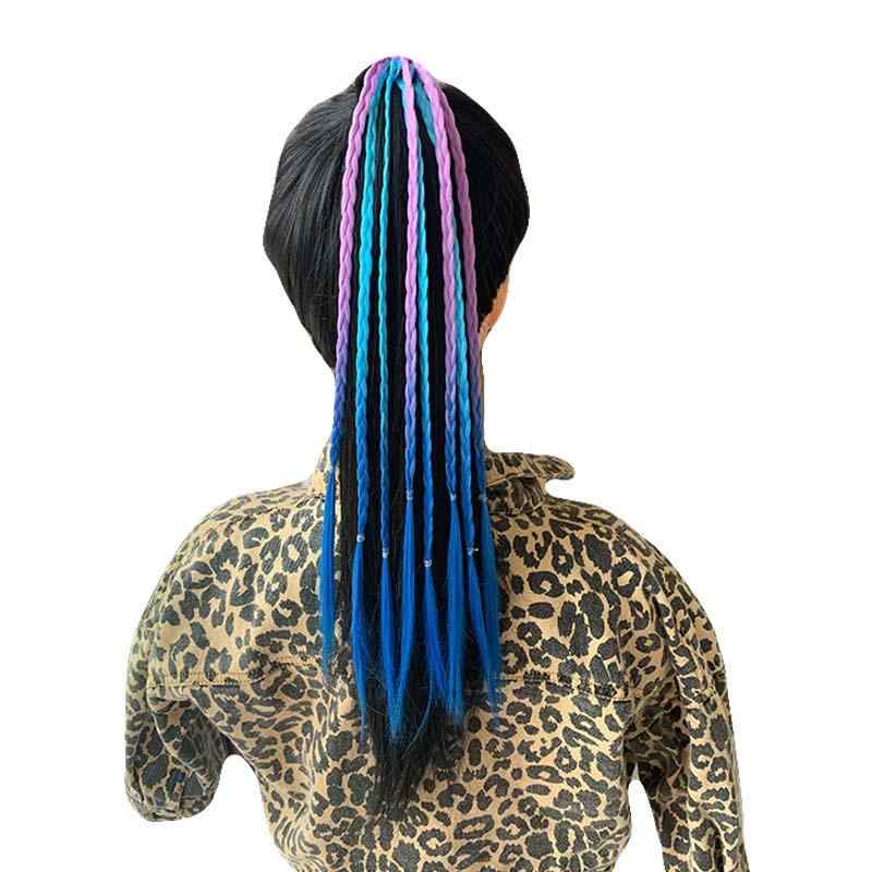 エクステ ゴム 子供 女の子 つけ毛 エクステンション ウィッグ ボリュームアップ ポニーテール ツインテール 三つ編み イメチェン ダンス 舞台 パフォーマンス 仮装 ヘアアクセサリー 小物 個性的 おしゃれ 紫 青 ピンク