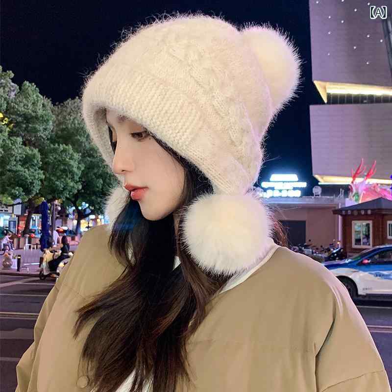 女用 - ニット帽 レディース おしゃれ カジュアル 帽子 冬 暖かい 防寒 ふわふわ ポンポン 耳あて 小顔効果