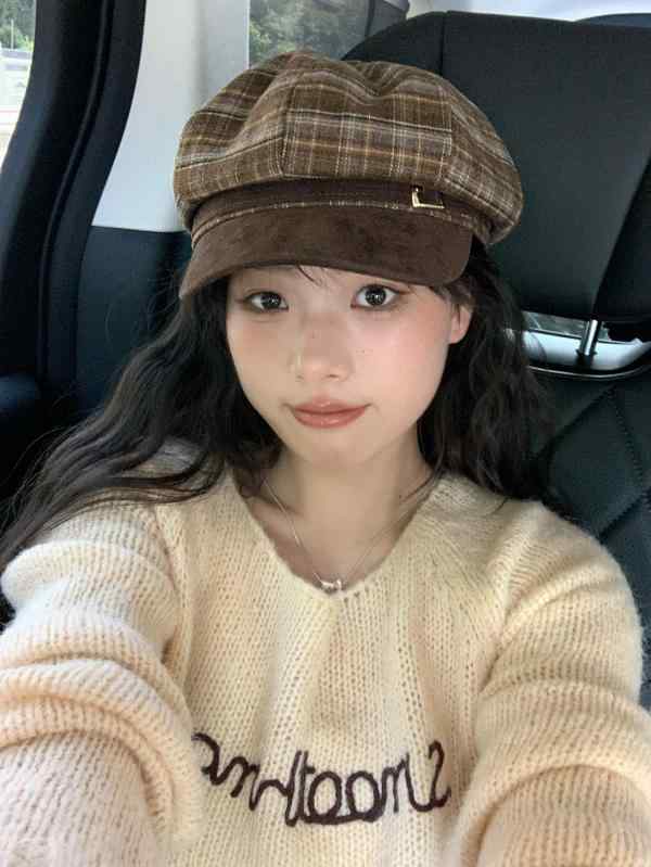 キャスケット レディース 英国風 レトロ チェック柄 小顔効果 ベレー帽 バイカラー 秋冬
