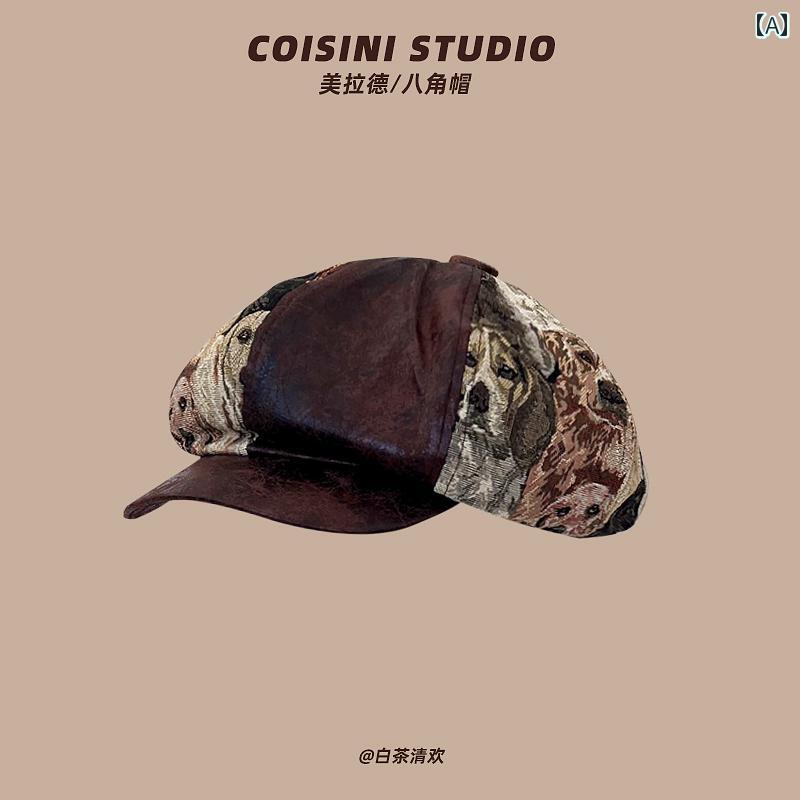 キャスケット おしゃれ ベレー帽 レディース ブラウン ボタン コーデュロイ レザーつば 秋冬 レトロ