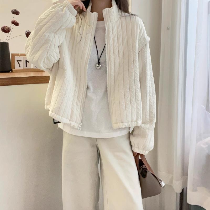 ジャケット レディース アウター ショート丈 キルト風 カジュアル 冬 圧着 ラウンドネック ドロップショルダー 配色(4.0)