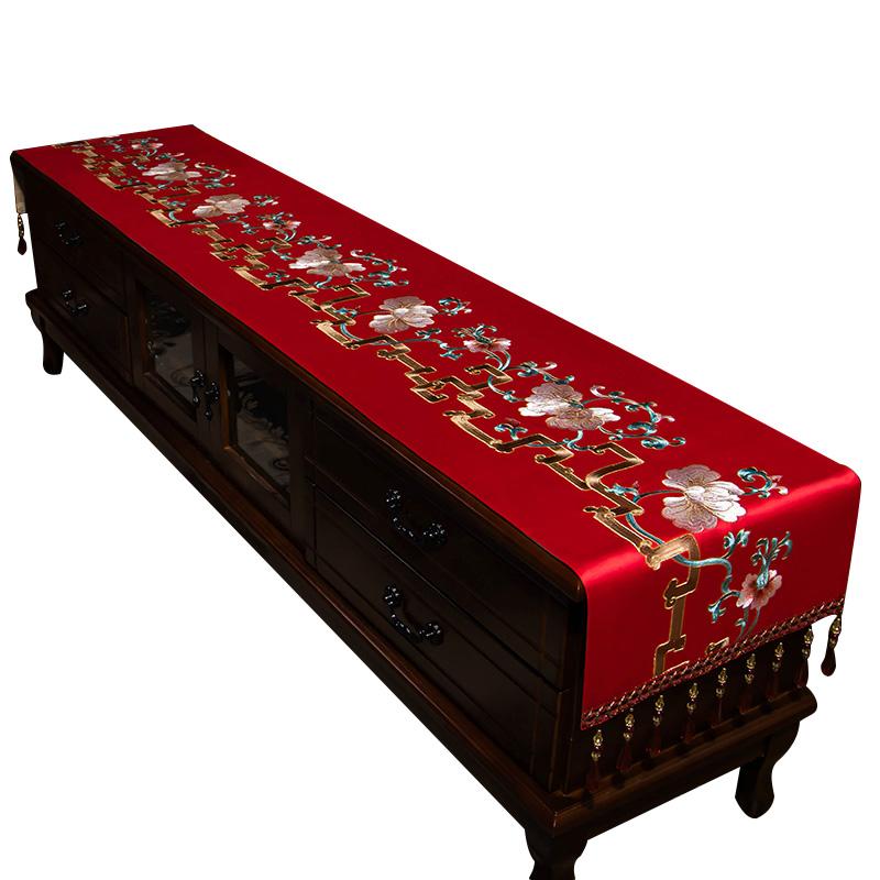 テーブルランナー 中国風 中国風 レッド 花柄 布製 刺繍風 リビング テレビ台 ダイニング 飾り インテ..