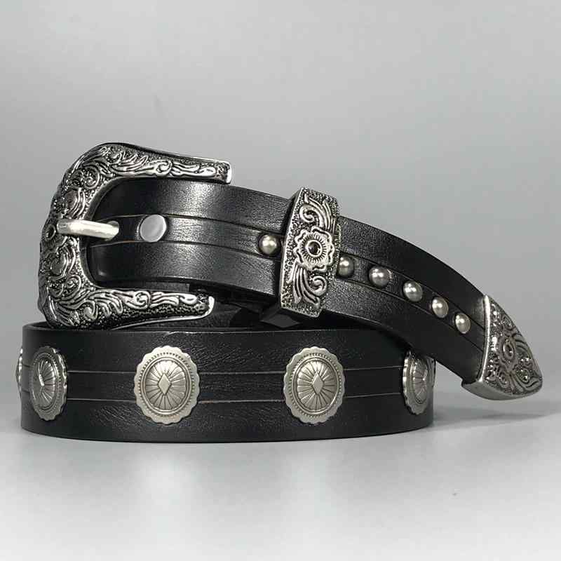 ベルト レディース 唐草模様 ヴィンテージ風 革 革 アルミニウム装飾 カウボーイ風 スタッズ バックル ..