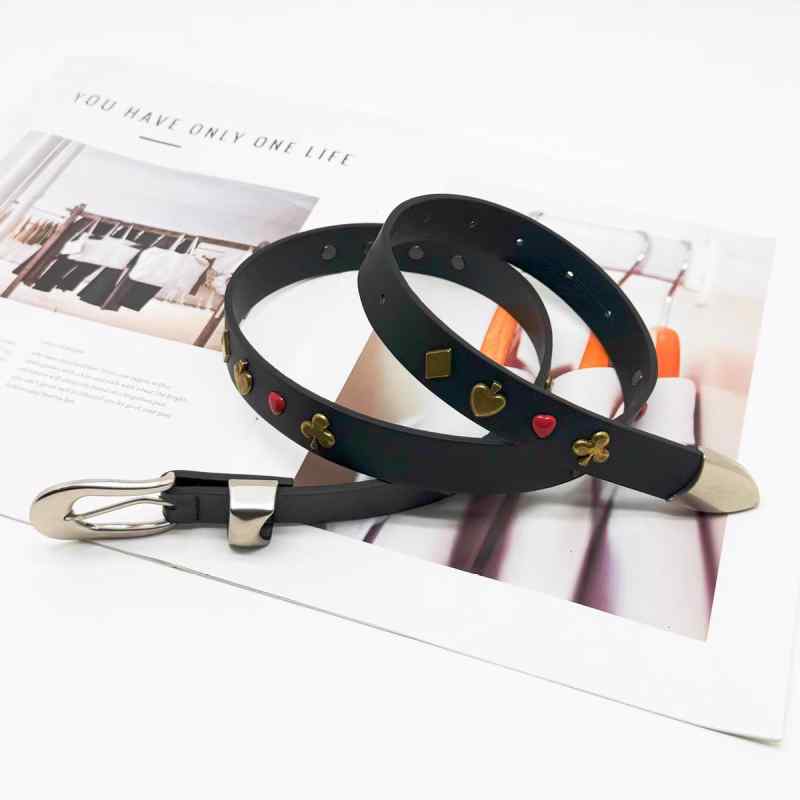 ベルト レディース メンズ おしゃれ ブラック 牛革 リベット ポーカー モチーフ ユニセックス 個性 可調節 レトロ カジュアル