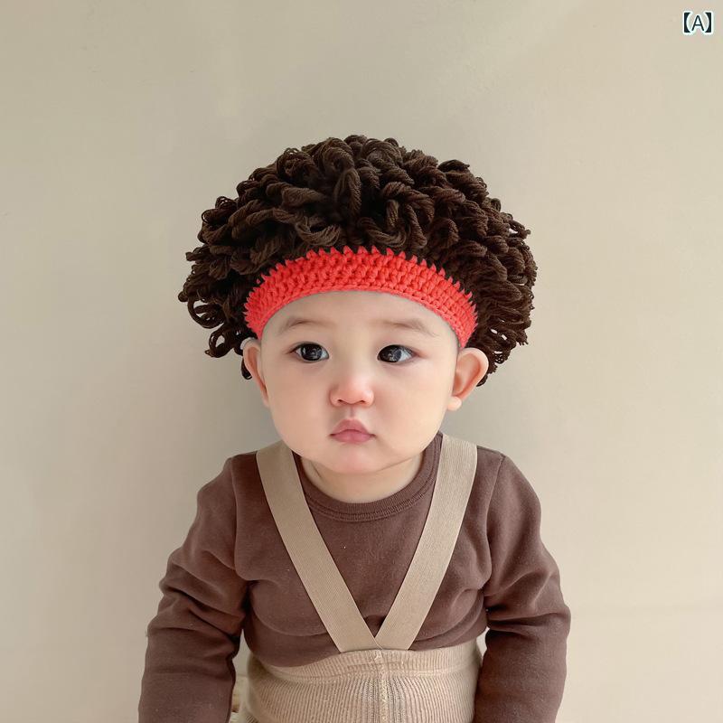 フロントップ楽天市場店の帽子 ベビー 秋冬 可愛い 男の子 女の子 赤ちゃん 幼児 子供 おもしろ ニット キャップ 冬 キッズ ウィッグ かつら アフロ｜アングル2
