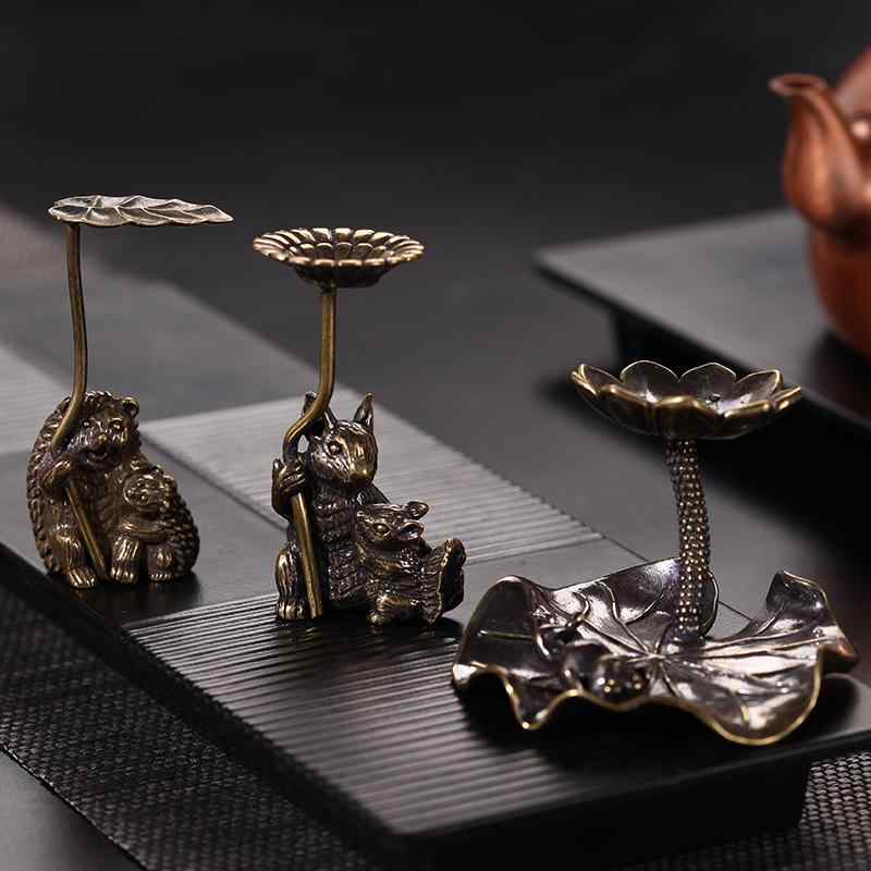 茶道具 蓋置 カップ ポット スタンド ホルダー カンフー チャイナ風 銅 おしゃれ ティー 香立て シルバー 茶道 アクセサリー 装飾 レトロ ハリネズミ リス カエル 蓮