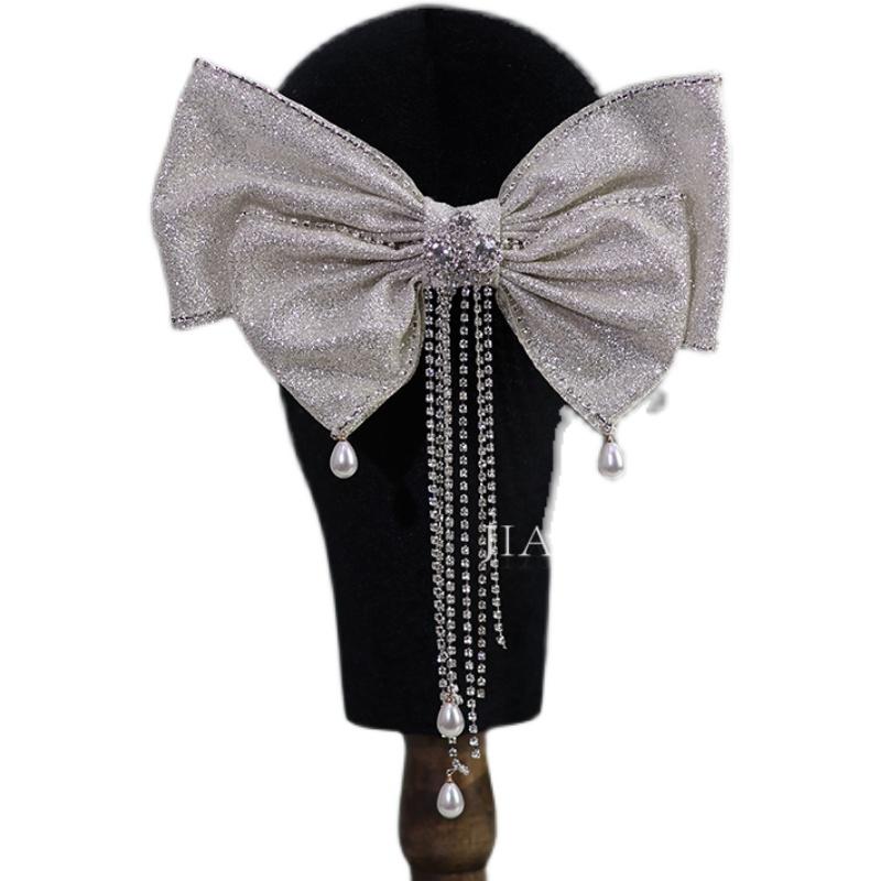 ヘアアクセサリー シルバー きらきら リボン ラインストーン 流れる ラインタッセル パール ブライダル..