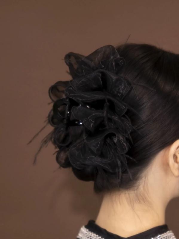 ヘアクリップ レディース おしゃれ 大きめ フェザー シフォン リボン バンスクリップ 上品 エレガント ..