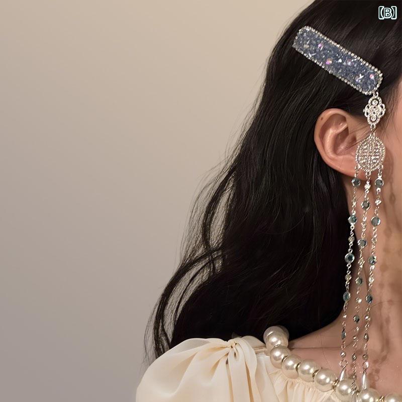 ヘアクリップ レディース おしゃれ 揺れる ロング タッセル きらきら ラインストー...