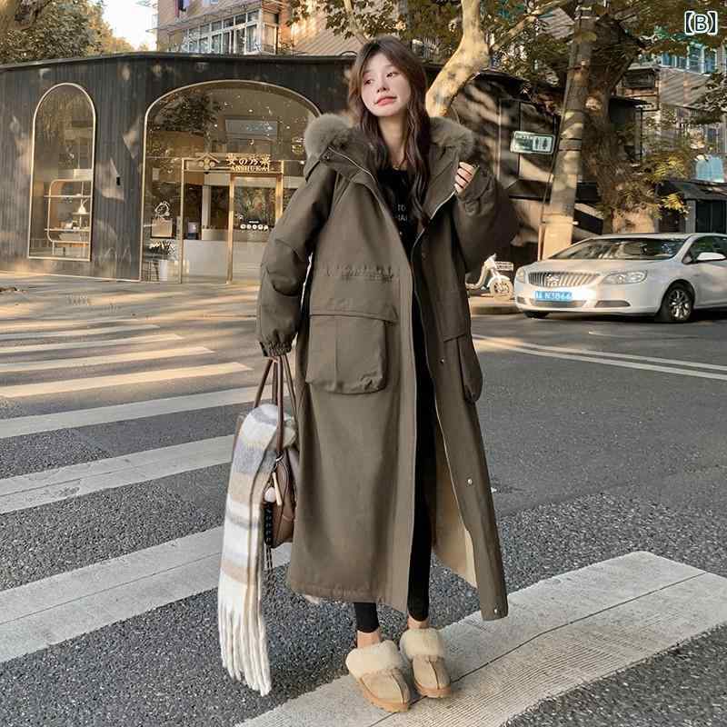 コート 中綿 アウター レディース 大人 カジュアル 通勤 韓国 ロング丈 冬 厚手 中綿ジャケット フード ワーク風 大きめポケット シンプル 体型カバー