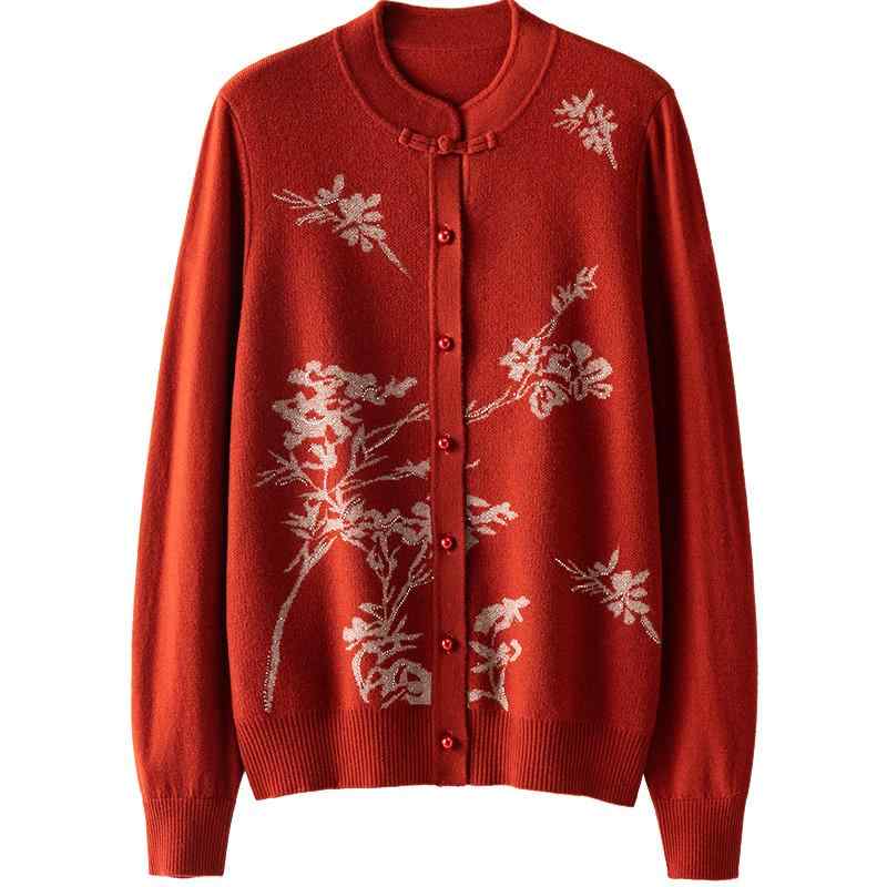 カーディガン レディース おしゃれ 秋冬 チャイナ風 ジャカード 花柄 パンコウ ウール シニア 長袖 上..
