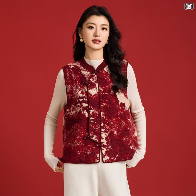 ニットベスト レディース おしゃれ ノースリーブ 秋冬 ジャカード 水墨柄 チャイナカラー スタンドカラー パンダンボタン ウール