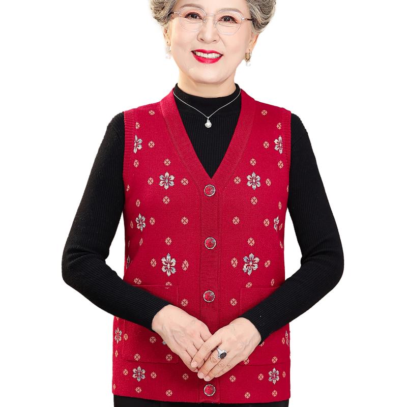 ベスト レディース おしゃれ 秋冬 薄手 ニット ウール シニア Vネック 花柄 上品 カーディガン風 前開き ミセス