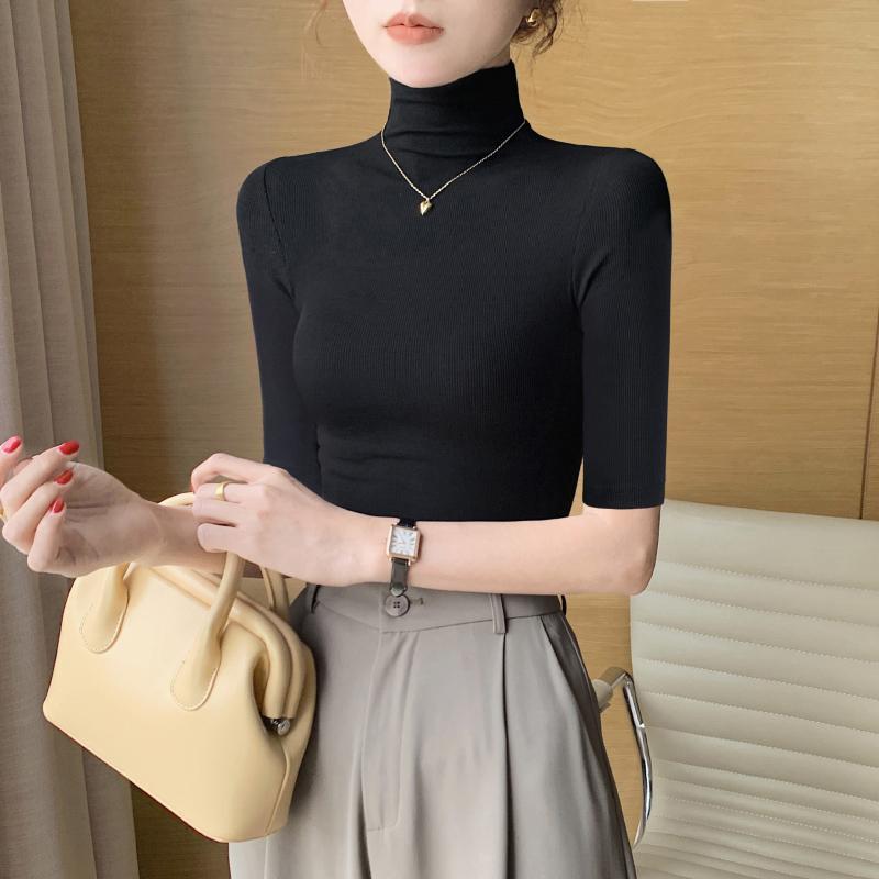 Three-Quarter Knit - カットソー レディース おしゃれ 黒 5分袖 七分袖 ハイネック インナー 春秋冬 シンプル ニット 上品 体型カバー 着やせ オフィス カジュアル