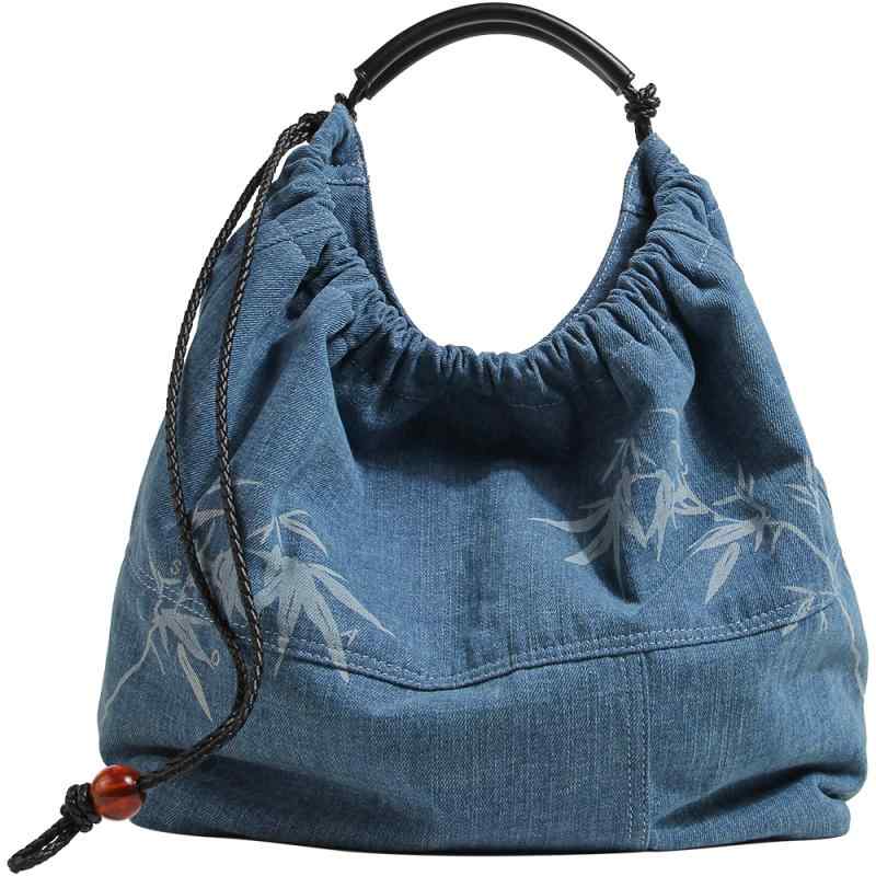 トートバッグ レディース おしゃれ カジュアル デニム 大容量 竹柄 中華風 ヴィンテージ風
