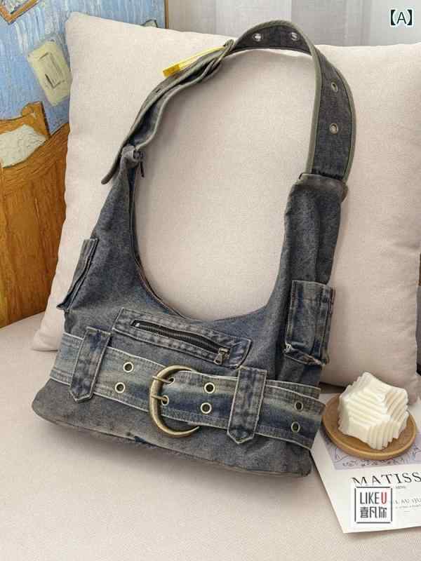 ショルダーバッグ レディース おしゃれ カジュアル 韓国 ヴィンテージ風 y2k ウォッシュ加工 デニム キャンバス 脇下バッグ 斜め掛け シンプル(4.0)