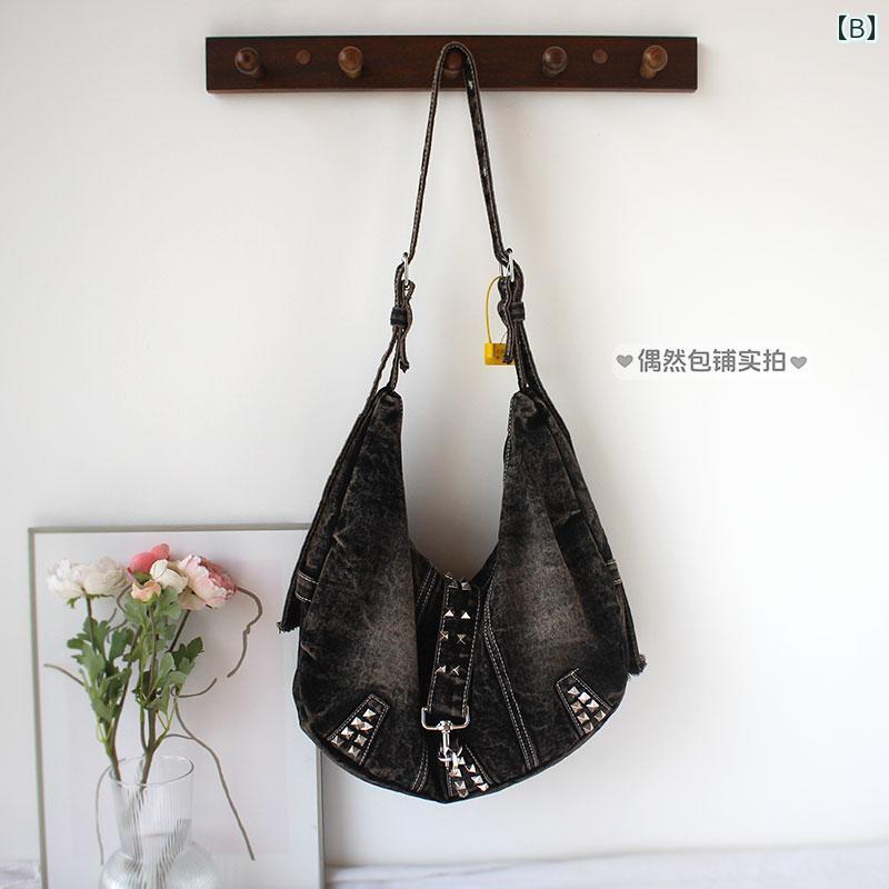 トートバッグ メンズ レディース おしゃれ カジュアル ウォッシュド デニム スタッズ ショルダー 斜め掛け オフショルダー 広容量 クール 韓国