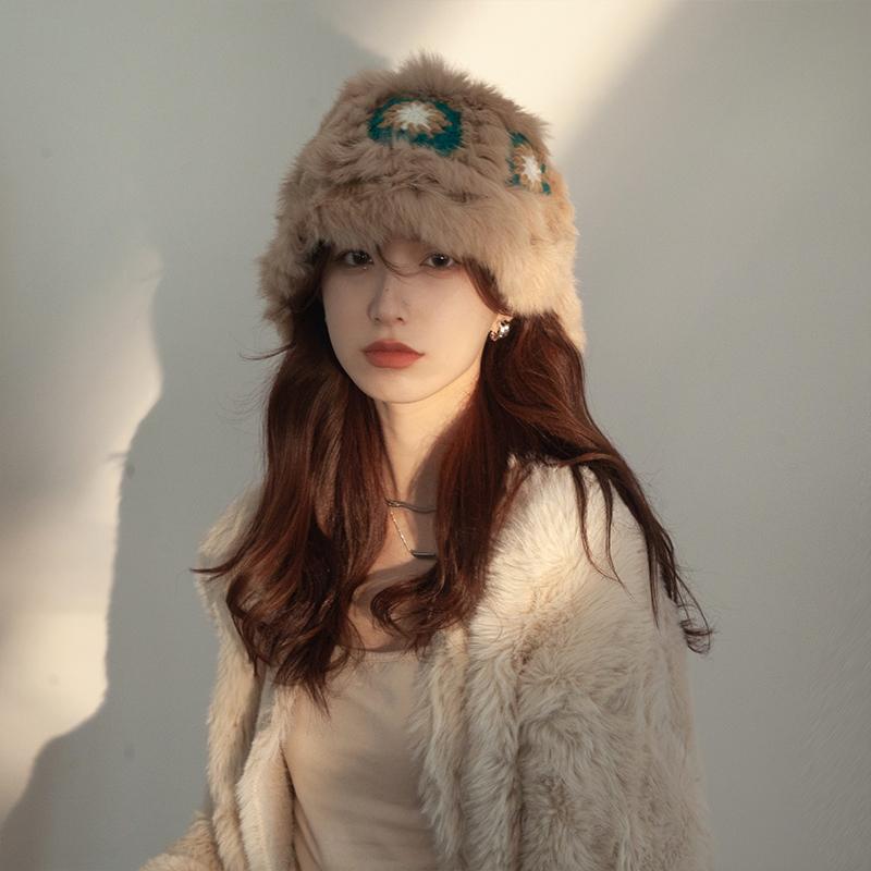 帽子 レディース おしゃれ バケハ カジュアル 秋冬 暖かい うさぎファー ボア バケットハット 毛糸 ニット 小顔効果 もこもこ バケツ型