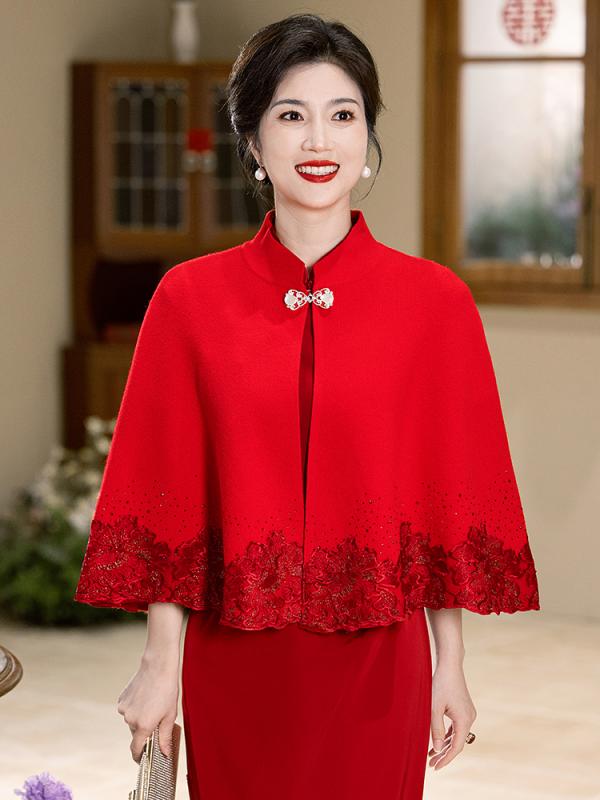 ケープ レディース おしゃれ 秋冬 結婚式 フォーマル 赤 レース きれいめ ショート丈 羽織り アウター ..