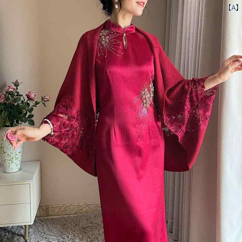 ケープ レディース おしゃれ 婚礼 パーティー 赤 刺繍 ドルマンスリーブ ミドル丈 母親 ニット ショール 上品 ショール 披露宴 体型カバー アウター