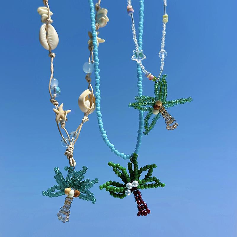 Other - ネックレス レディース おしゃれ ヤシの木 花 ビーズ アクセサリー ニッチ ココナッツ 貝殻 パール 装飾 夏 ロープ 紐 お出かけ レジャー カジュアル 緑 水色 白