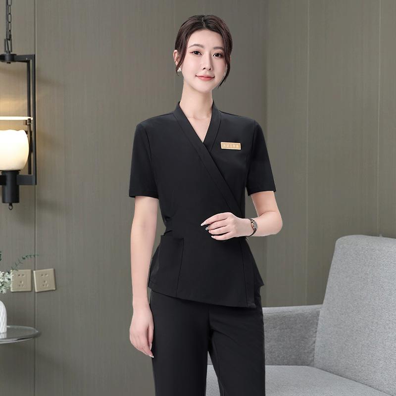 エステ ユニフォーム 制服 おしゃれ セットアップ レディース 春夏 半袖 足浴 サロン 美容 スリムフィット 仕事 2535歳 上品 シンプル