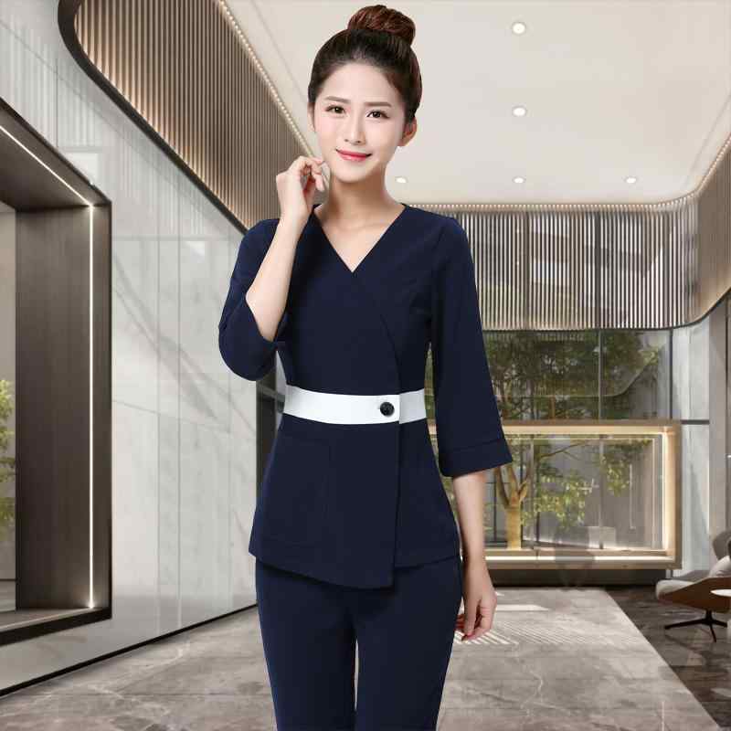 エステ ユニフォーム 制服 おしゃれ セットアップ レディース 長袖 Vネック 上品 ベルト付 長ズボン 秋冬 サロン きれいめ オフィスワーク 事務服