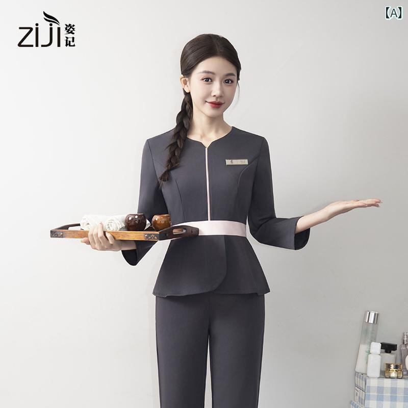 エステ ユニフォーム 制服 おしゃれ セットアップ レディース 秋冬 長袖 上下セット ストレートパンツ サロン 施術着 美容 サウナ マッサージ シンプル スタイリッシュ