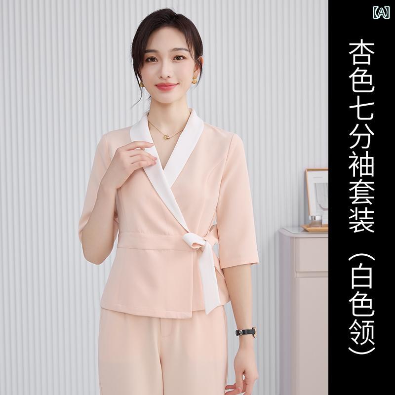 フロントップ楽天市場店のエステ ユニフォーム 制服 おしゃれ セットアップ レディース 春夏 スパ サロン 美容 施術着 上下セット Vネック 七分袖 オフィス 大人 きれいめ｜アングル2