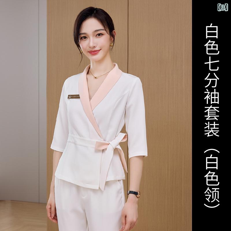 フロントップ楽天市場店のエステ ユニフォーム 制服 おしゃれ セットアップ レディース 春夏 スパ サロン 美容 施術着 上下セット Vネック 七分袖 オフィス 大人 きれいめ｜アングル3