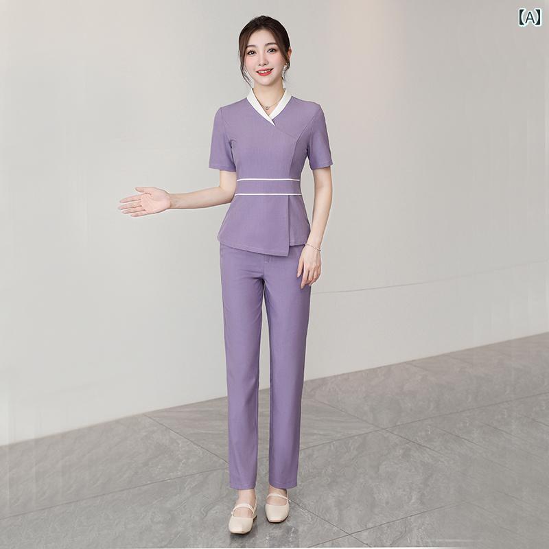 フロントップ楽天市場店のエステ ユニフォーム 制服 おしゃれ セットアップ レディース 秋冬 サロン 美容 サロン スパ リラクゼーション サロンウェア 長袖 きれいめ 仕事 施術服 上下セット シンプル オフィス 受付｜アングル2