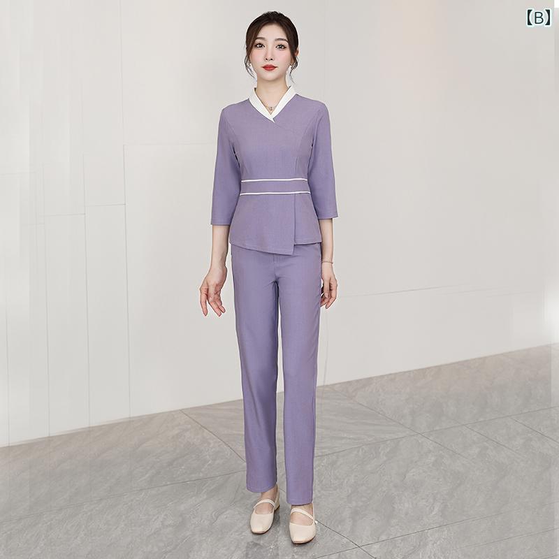 フロントップ楽天市場店のエステ ユニフォーム 制服 おしゃれ セットアップ レディース 秋冬 サロン 美容 サロン スパ リラクゼーション サロンウェア 長袖 きれいめ 仕事 施術服 上下セット シンプル オフィス 受付｜アングル3