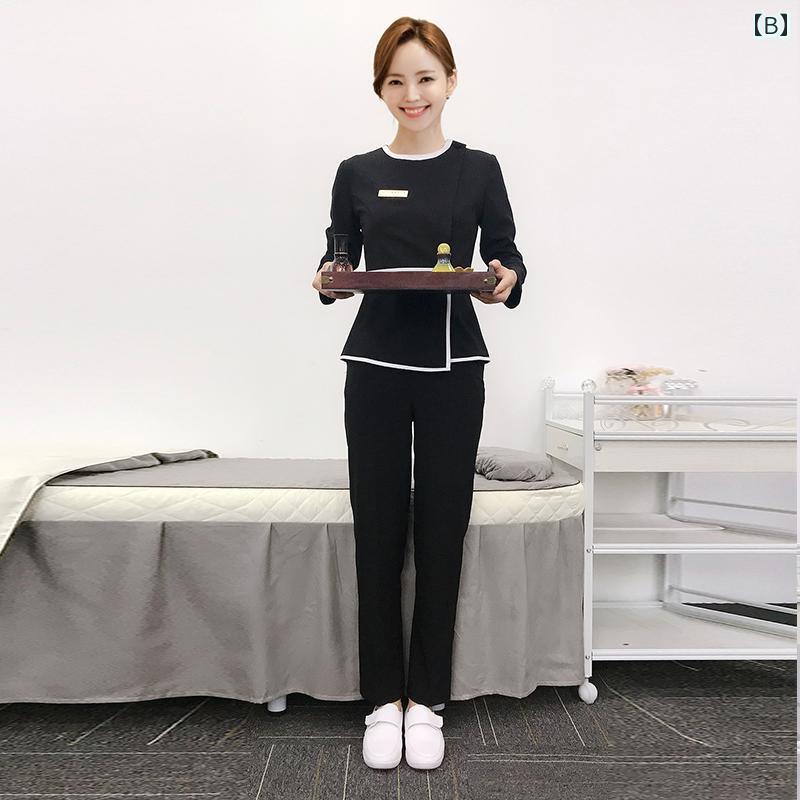 フロントップ楽天市場店のエステ ユニフォーム 制服 おしゃれ セットアップ レディース 春夏 スリム 美容 サロン 足浴 サロン技師 スタイリッシュ シンプル 上品 着やせ｜アングル3