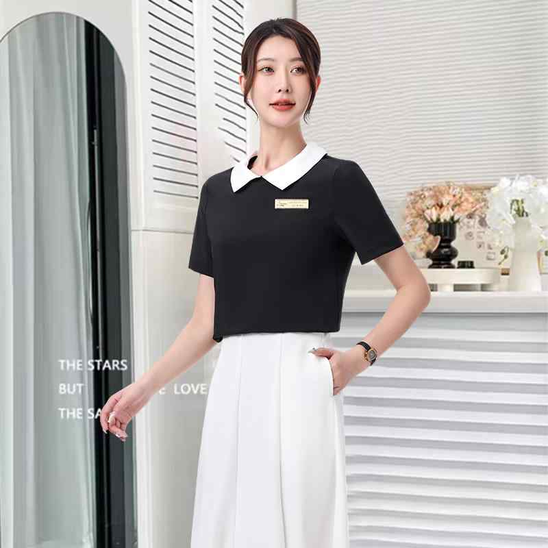 エステ ユニフォーム 制服 おしゃれ セットアップ レディース 美容 夏 半袖 襟 シンプル モノトーン サロン オフィス スタッフ きれいめ
