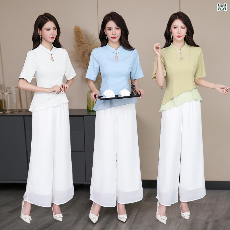 エステ ユニフォーム 制服 おしゃれ セットアップ レディース 上品 オフィス ワイドパンツ トップス 半袖 スタンドカラー 上班 足浴 采耳 美容 サロン 仕事 通勤 2