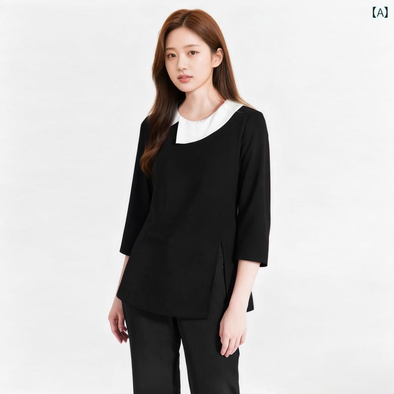 エステ ユニフォーム 制服 おしゃれ セットアップ レディース 夏 技師服 サロン ナース 美容 ブラック ホワイト 切り替え 半袖 オフィス 上品 きれいめ