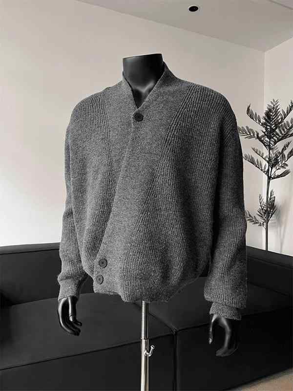 カーディガン メンズ おしゃれ カジュアル 深グレー 不規則ボタン 春秋 ゆったり ルーズ ニット アウター