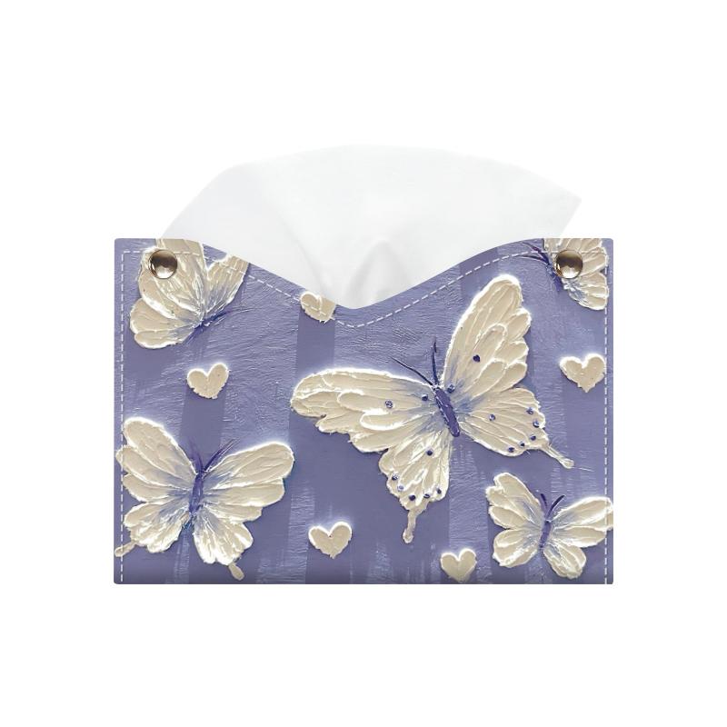 ティッシュケース おしゃれ インテリア パープル 蝶柄 油絵調 防水 軽量 リビング ダイニング 寝室 収納