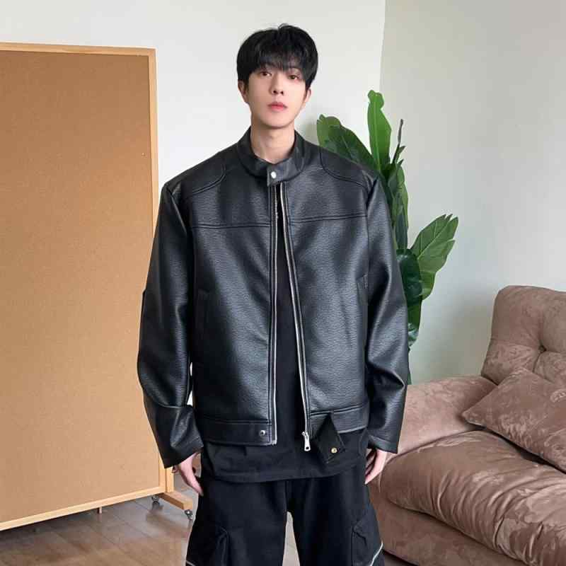 ライダースジャケット メンズ PUレザー アメリカンヴィンテージ風 スタンドカラー 立ち襟 ショート丈 ゆったり 春 カジュアル ブルゾン..