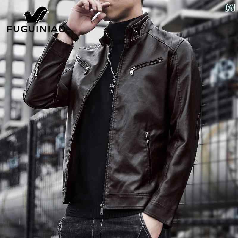 レザージャケット メンズ 春秋 ブラック ライダースジャケット スタンドカラー カジュアル PUレザー ゆったり ジップアップ アウター 無地 メタル装飾 トレンド ジップポケット レギュラー丈