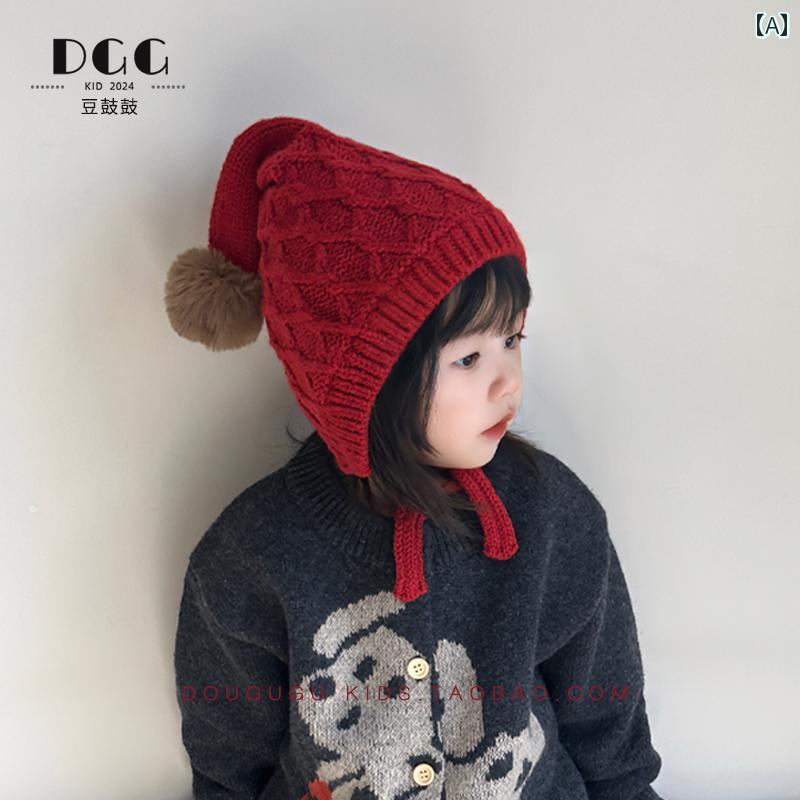 ニット帽 キッズ 女の子 子供用 秋冬 防寒 レッド とんがり帽 耳あて付き 毛糸 防風 クリスマス 新年 ..