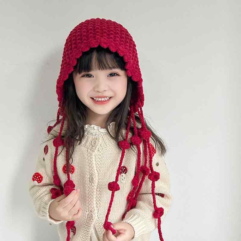 帽子 キッズ 女の子 ベビー かわいい 秋冬 ニット帽 毛糸帽子 耳当て付き 防寒 あったか お出かけ 通園..