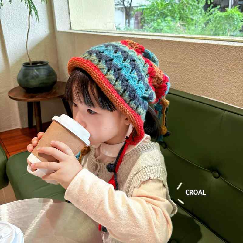 ニット帽 キッズ 女の子 カラフル ポンポン 耳あて レトロ お出かけ 普段使い 混紡素材 防寒 あったか ..