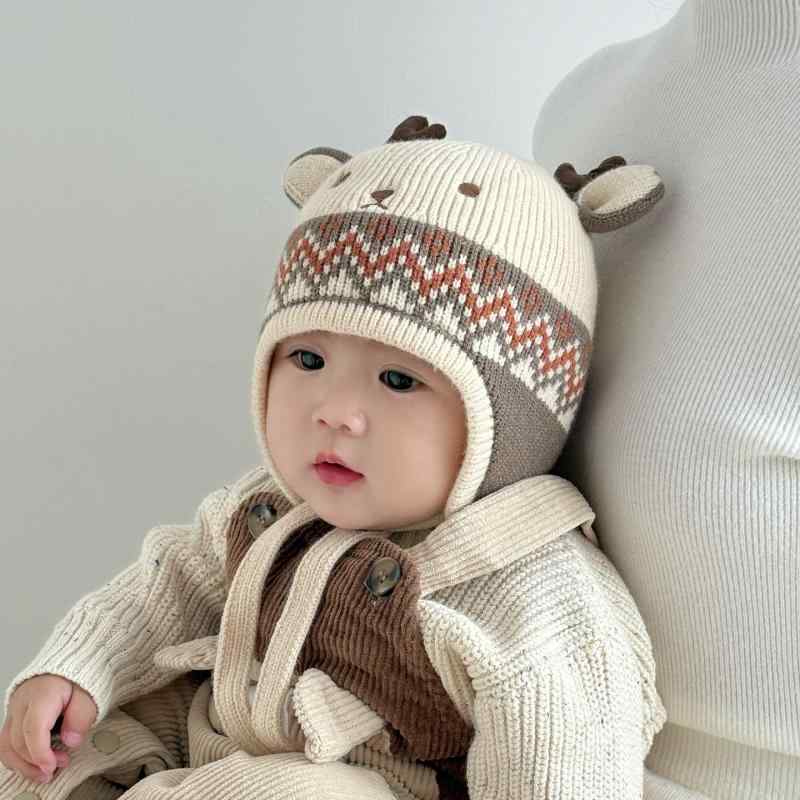 帽子 ベビー キッズ 男女兼用 男の子 女の子 秋冬 防寒 かわいい トナカイ角 耳あて付き ニット帽 厚手..