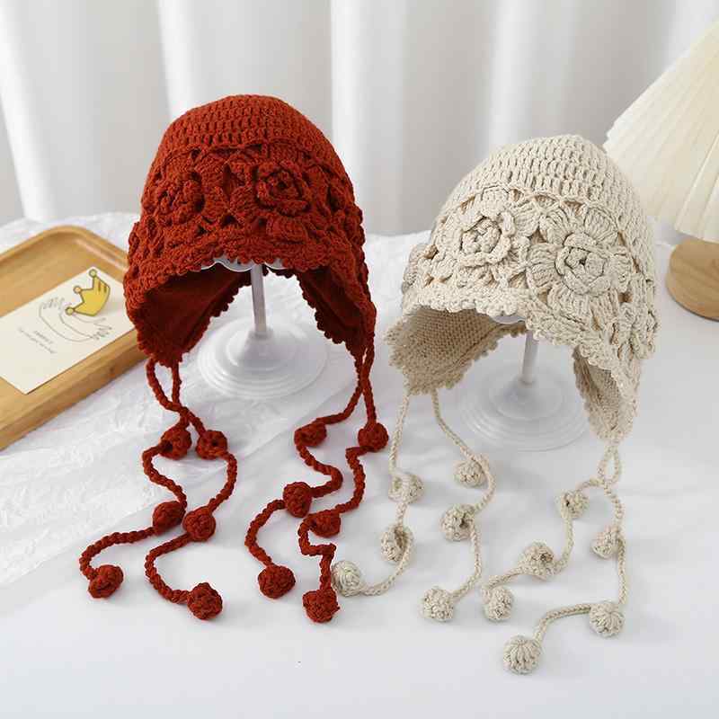 ニット帽 女の子 キッズ 子供用 手編み 立体フラワー 花モチーフ 秋冬 防寒 保温 厚手 かわいい おしゃ..