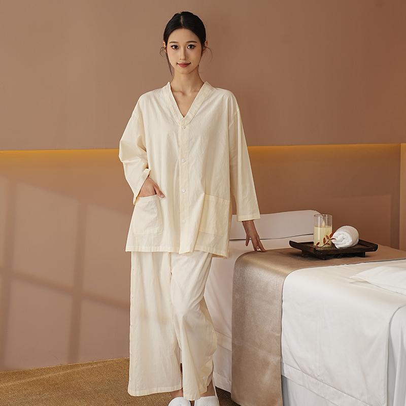 施術着 綿 コットン 前開き 前後ボタン 灸 汗蒸 サウナ 東洋療法 マッサージ 鍼灸 カッピング 美容院 エステ スパ お客様用 リラックスガウン