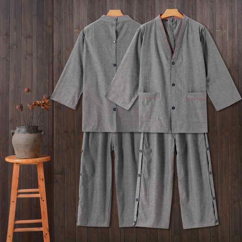 施術着 男女兼用 メンズ レディース カップル リラックスウェア 艾灸 鍼灸 養生 美容 理療 リハビリ 前後開き 背中ボタン ガウン 綿 コットン ゆったり 大きいサイズ 通気性 吸湿性 グレー ブラウン