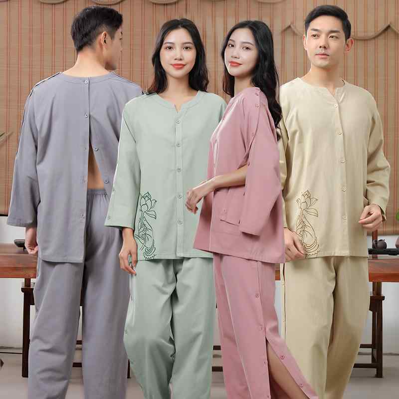 施術着 男女兼用 メンズ レディース 純綿 コットン 前後開き 背中開き ロング丈 艾灸 マッサージ 刮痧 リラックス 療養 ガウン ローブ ゆったり 肌触り 入院着 介護服 ホームウェア リハビリ着 通気性 着心地快適